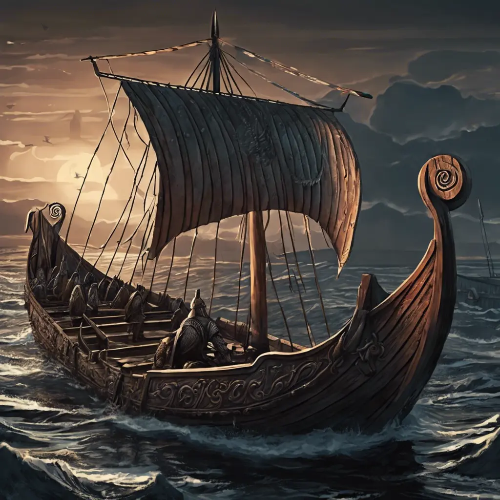 Viking ships in twightligts a lot viking on the deck illustration, Highly Detailed, Sharp Focus, Dark