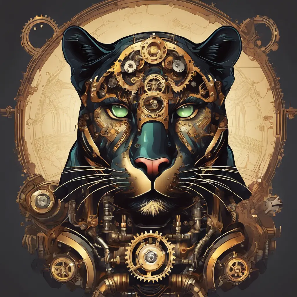 Steampunk portrait of a Panther, clean vector, colorful illustration, inspired by future technology, Highly Detailed, Vintage Illustration, Steampunk, Smooth, Vector Art, Colorful by Stefan Kostic