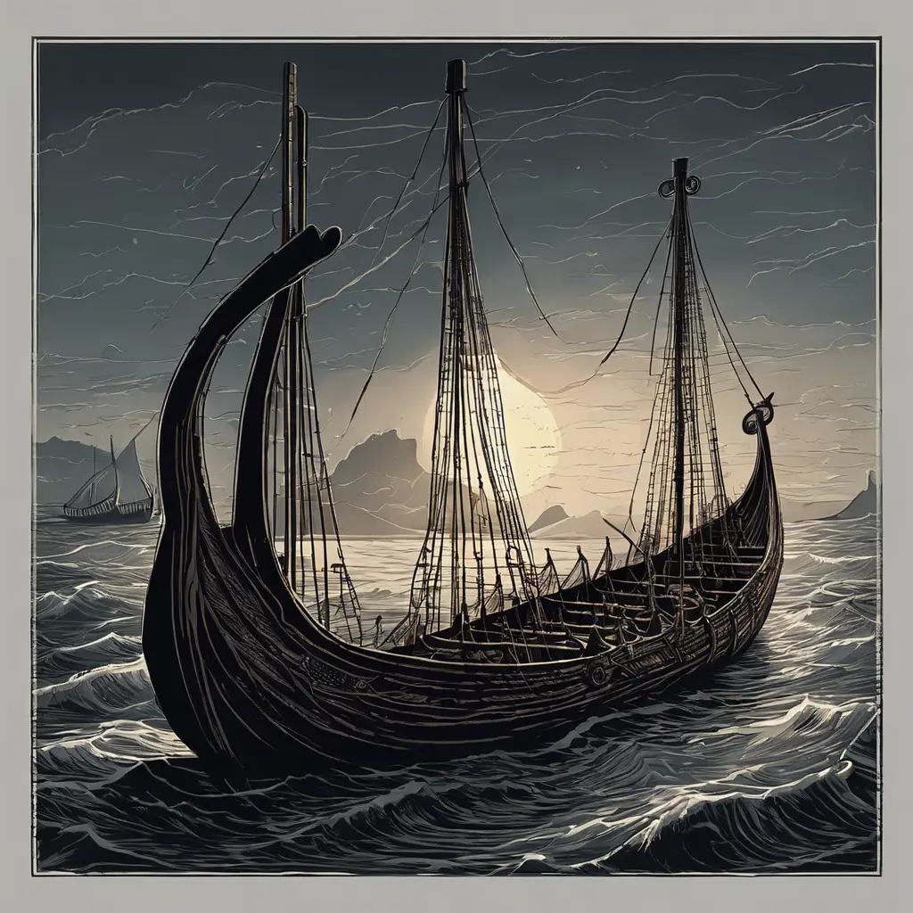 Viking ships in twightligts a lot viking on the deck illustration, Highly Detailed, Sharp Focus, Dark