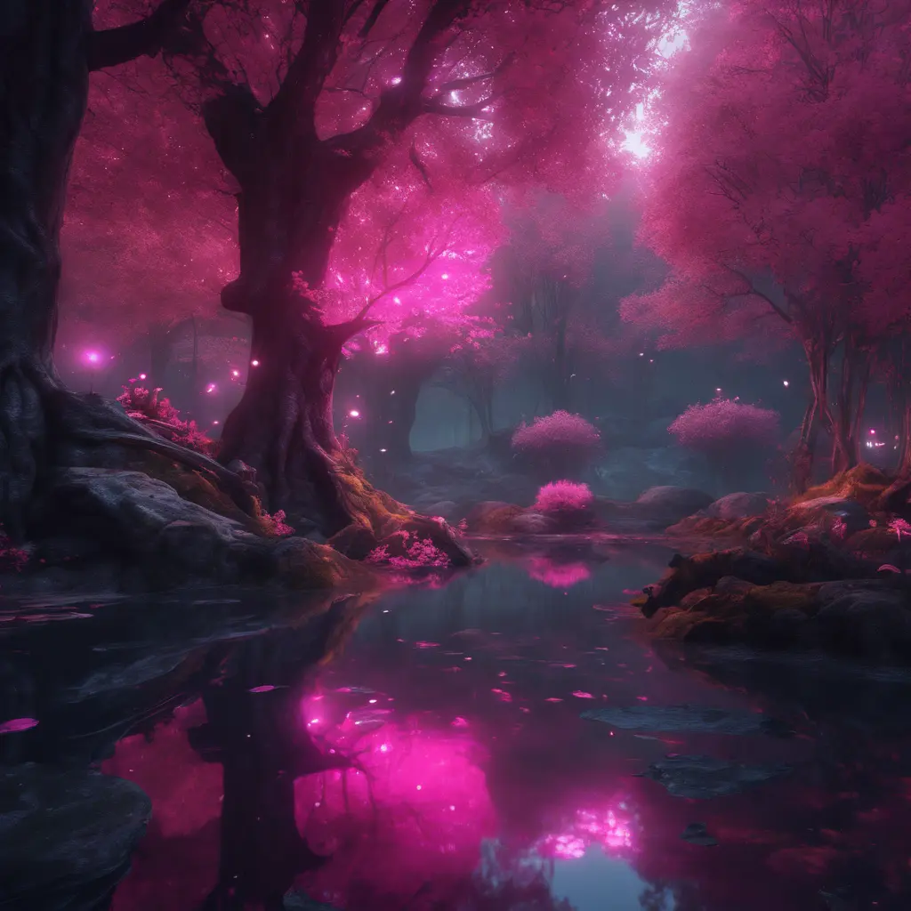 A magical pond in a fantasy forest with glowing pink trees at night, 4k, HQ, Intricate, Masterpiece, Artstation, Cinematic Lighting, Photo Realistic, Sharp Focus, Unreal Engine, Dark by Stefan Kostic