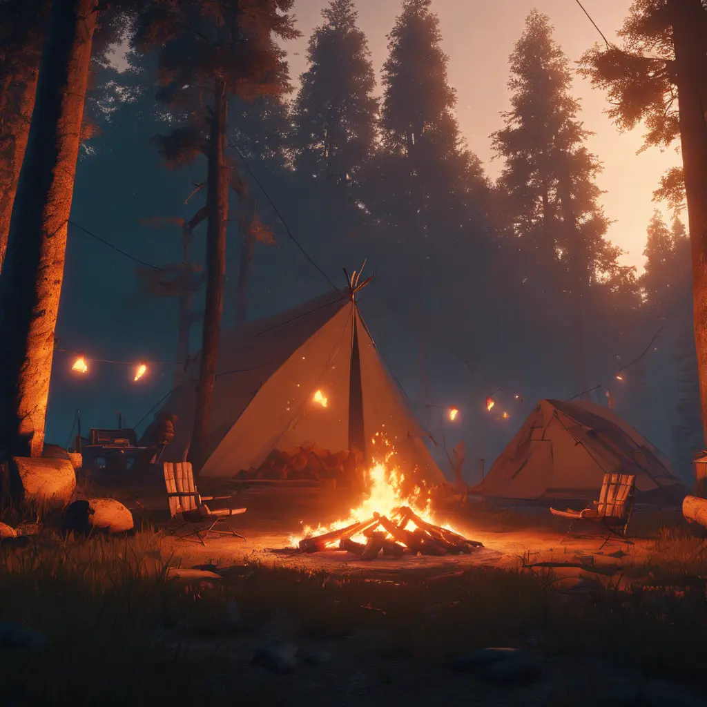 A highly detailed matte painting of a camp fire in the forest at night in the style of Firewatch, 4k resolution, Masterpiece, Trending on Artstation, Cyberpunk, Octane Render, Volumetric Lighting by Studio Ghibli