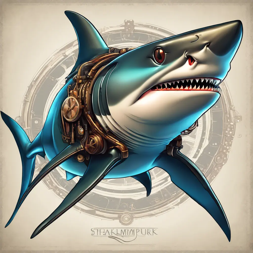 Steampunk portrait of a Shark, clean vector, colorful illustration, inspired by future technology, Highly Detailed, Vintage Illustration, Steampunk, Smooth, Vector Art, Colorful by Stanley Artgerm Lau