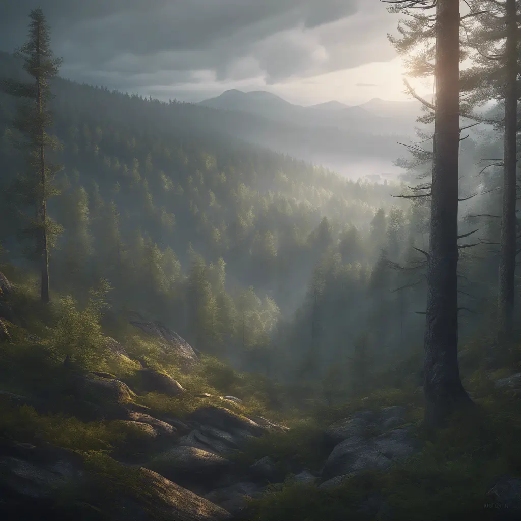 Beautiful misty swedish forest from the view of a mountain, Atmospheric, Highly Detailed, Intricate, Trending on Artstation, Stunning, Realistic, Unreal Engine, Dynamic Lighting, Radiant, Fantasy by Stanley Artgerm Lau