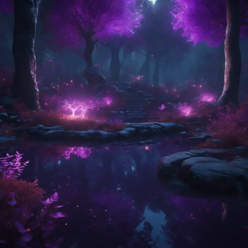 A magical pond in a fantasy forest with glowing purple trees at night, 4k, HQ, Intricate, Masterpiece, Artstation, Cinematic Lighting, Photo Realistic, Sharp Focus, Unreal Engine, Dark by Stefan Kostic