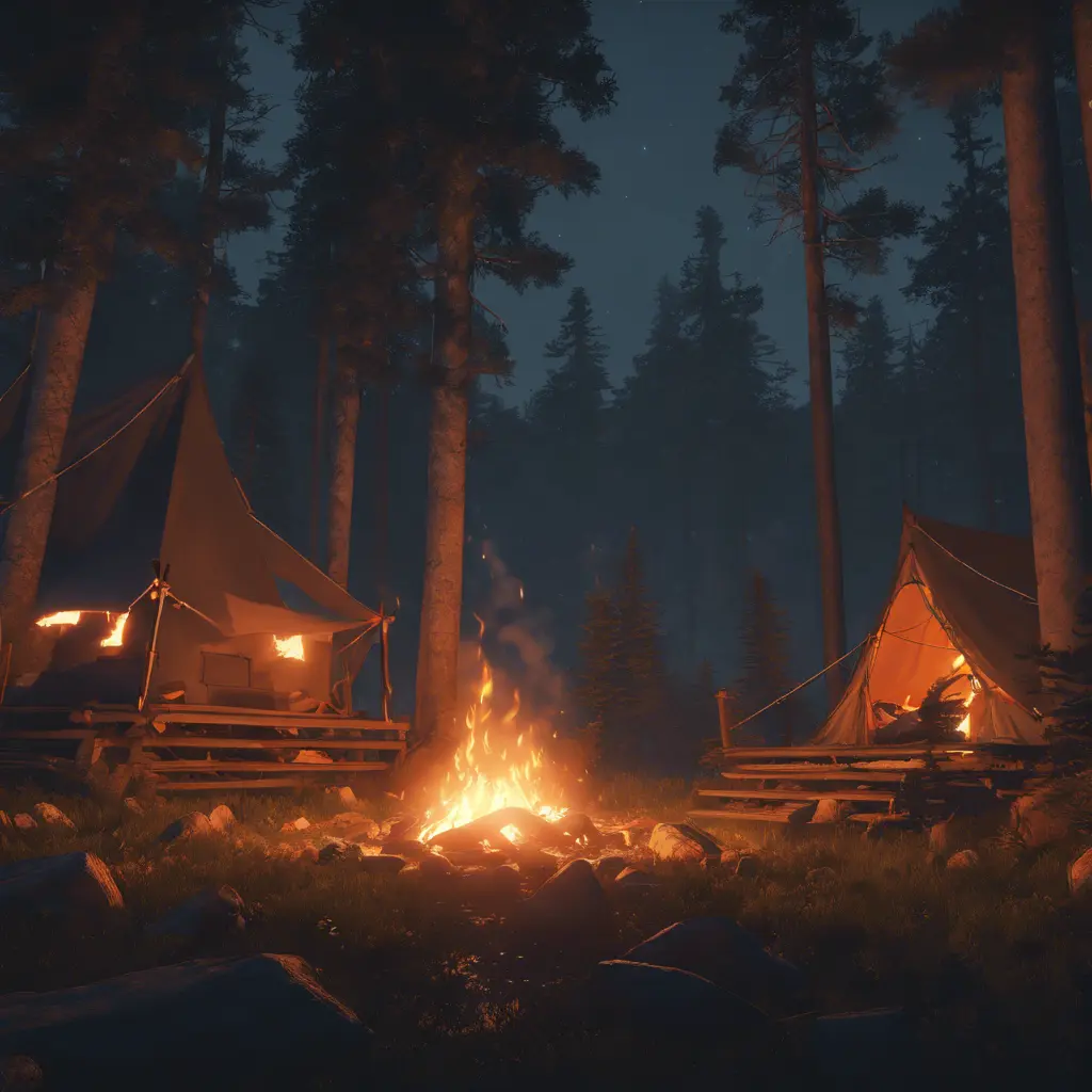 A highly detailed matte painting of a camp fire in the forest at night in the style of Firewatch, 4k resolution, Masterpiece, Trending on Artstation, Cyberpunk, Octane Render, Volumetric Lighting by Studio Ghibli