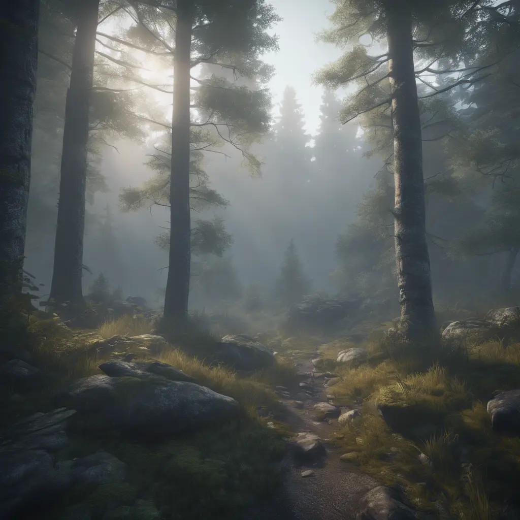 Beautiful misty swedish forest from the view of a mountain, Atmospheric, Highly Detailed, Intricate, Trending on Artstation, Stunning, Realistic, Unreal Engine, Dynamic Lighting, Radiant, Fantasy