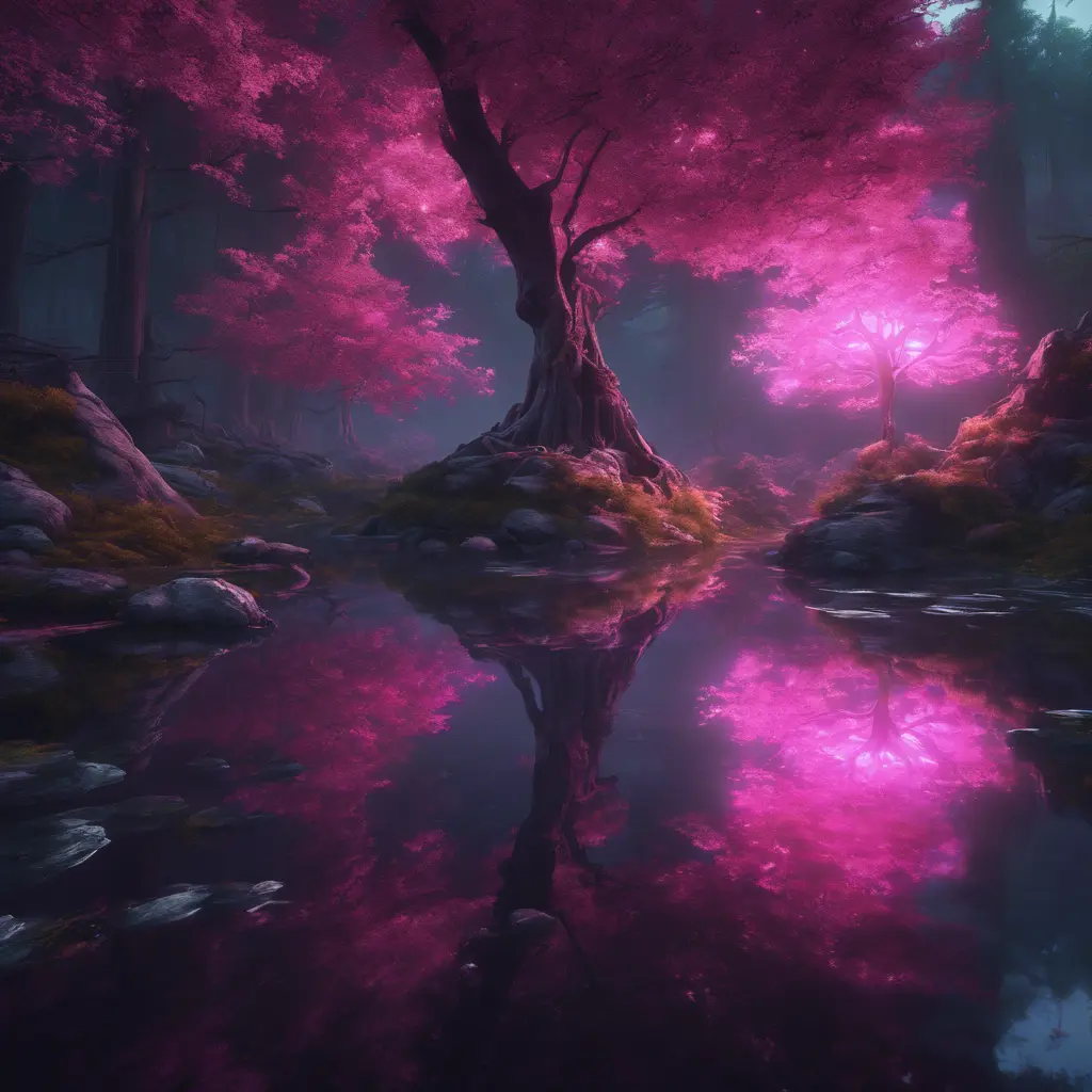 A magical pond in a fantasy forest with glowing pink trees at night, 4k, HQ, Intricate, Masterpiece, Artstation, Cinematic Lighting, Photo Realistic, Sharp Focus, Unreal Engine, Dark by Stefan Kostic