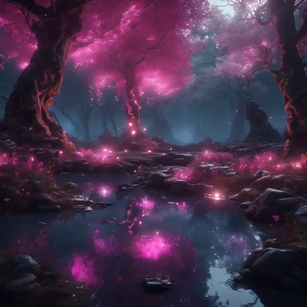 A magical pond in a fantasy forest with glowing pink trees at night, 4k, HQ, Intricate, Masterpiece, Artstation, Cinematic Lighting, Photo Realistic, Sharp Focus, Unreal Engine, Dark by Stefan Kostic