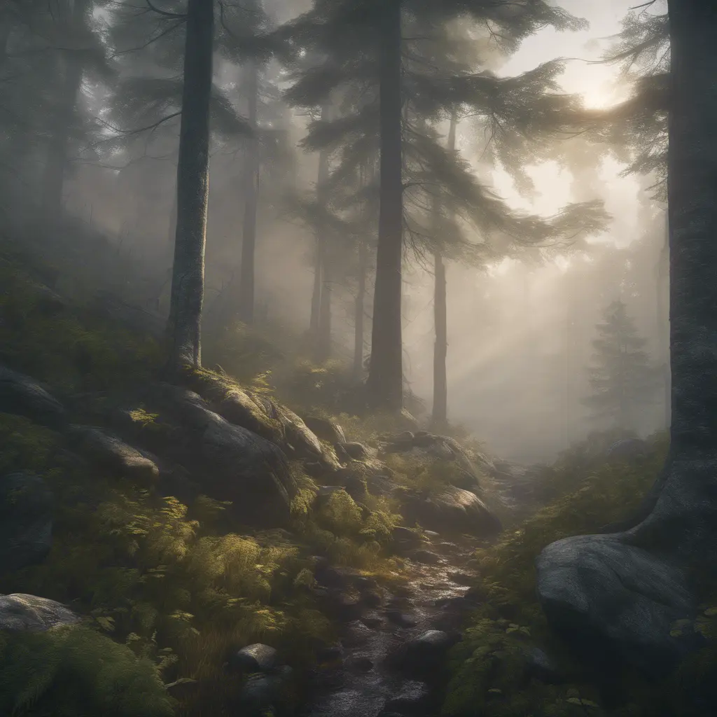 Beautiful misty swedish forest from the view of a mountain, Atmospheric, Highly Detailed, Intricate, Trending on Artstation, Stunning, Realistic, Unreal Engine, Dynamic Lighting, Radiant, Fantasy by Stanley Artgerm Lau