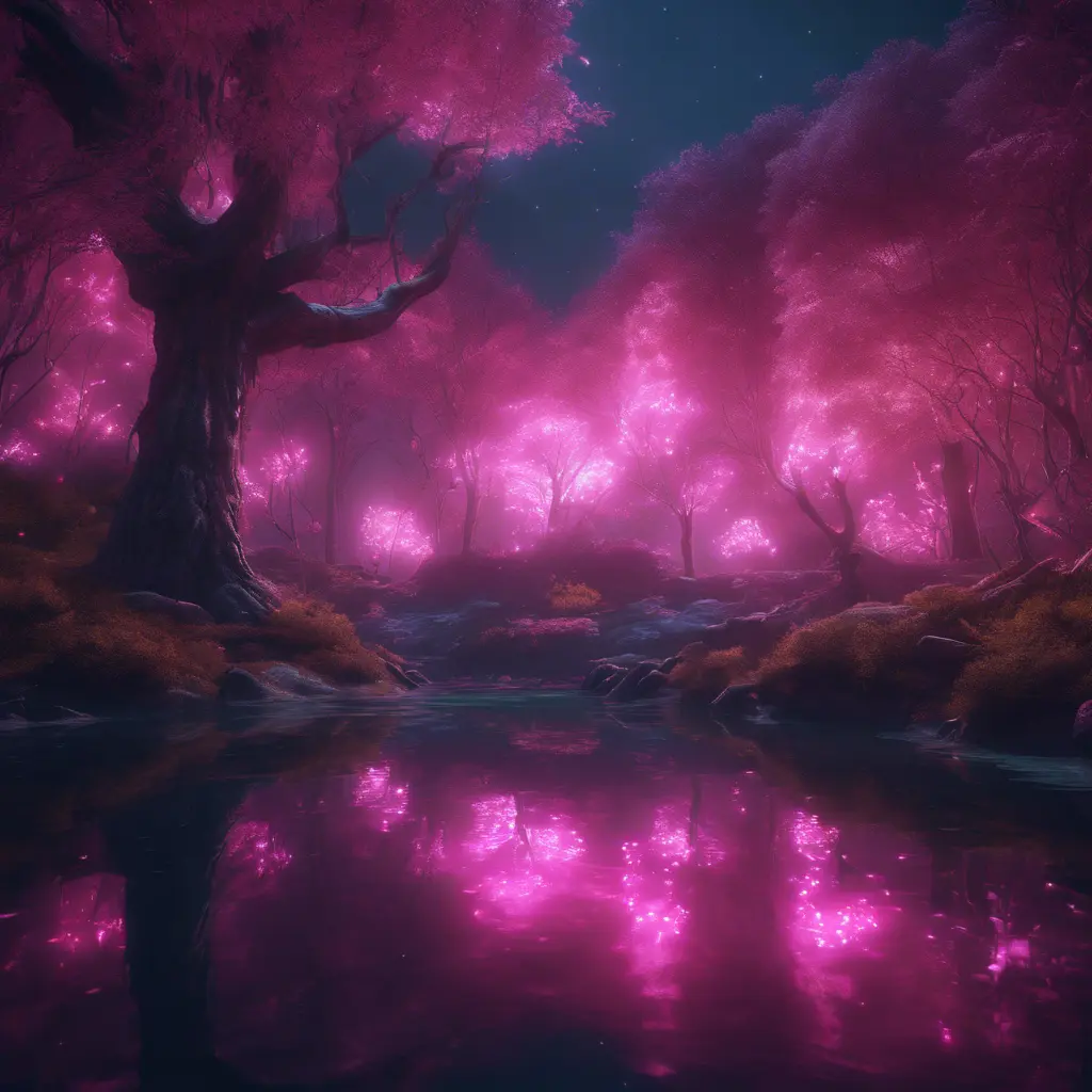 A magical pond in a fantasy forest with glowing pink trees at night, 4k, HQ, Intricate, Masterpiece, Artstation, Cinematic Lighting, Photo Realistic, Sharp Focus, Unreal Engine, Dark by Stefan Kostic