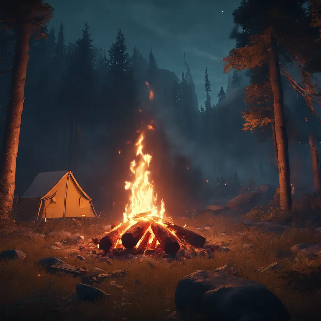 A highly detailed matte painting of a camp fire in the forest at night in the style of Firewatch, 4k resolution, Masterpiece, Trending on Artstation, Cyberpunk, Octane Render, Volumetric Lighting by Stefan Kostic