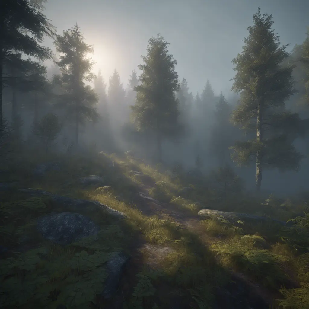 Beautiful misty swedish forest from the view of a mountain, Atmospheric, Highly Detailed, Intricate, Trending on Artstation, Stunning, Realistic, Unreal Engine, Dynamic Lighting, Radiant, Fantasy