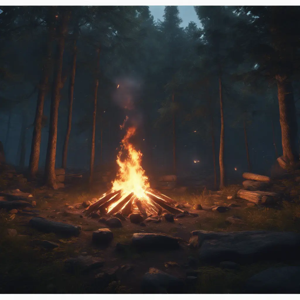 A highly detailed matte painting of a camp fire in the forest at night, 4k resolution, Masterpiece, Trending on Artstation, Cyberpunk, Octane Render, Volumetric Lighting by Studio Ghibli