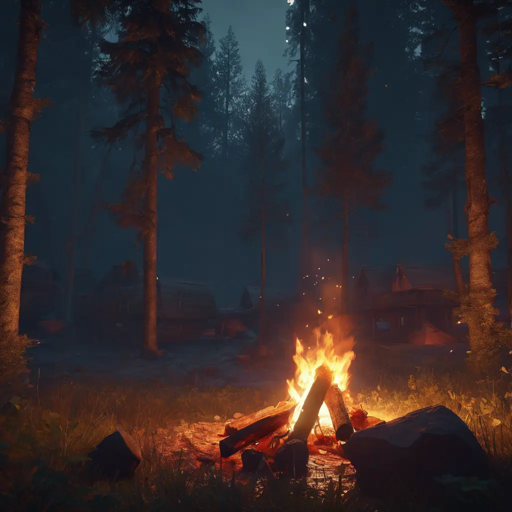 A highly detailed matte painting of a camp fire in the forest at night in the style of Firewatch, 4k resolution, Masterpiece, Trending on Artstation, Cyberpunk, Octane Render, Volumetric Lighting by Stefan Kostic