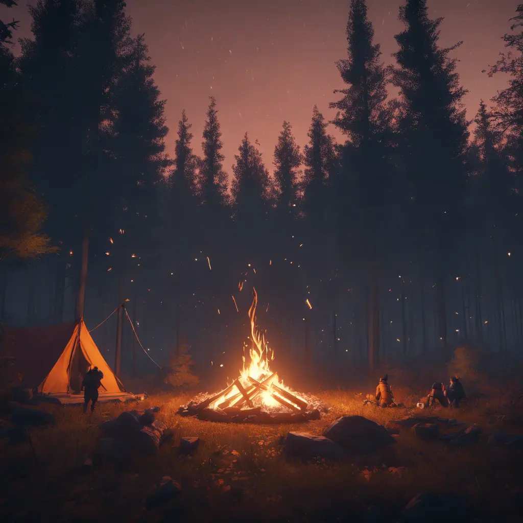 A highly detailed matte painting of a camp fire in the forest at night in the style of Firewatch, 4k resolution, Masterpiece, Trending on Artstation, Cyberpunk, Octane Render, Volumetric Lighting by Studio Ghibli