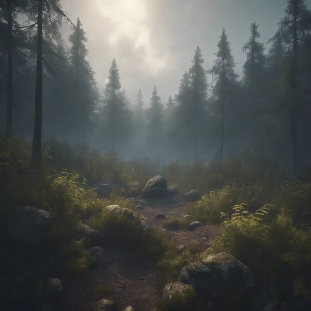 Beautiful misty swedish forest from the view of a mountain, Atmospheric, Highly Detailed, Intricate, Trending on Artstation, Stunning, Realistic, Unreal Engine, Dynamic Lighting, Radiant, Fantasy