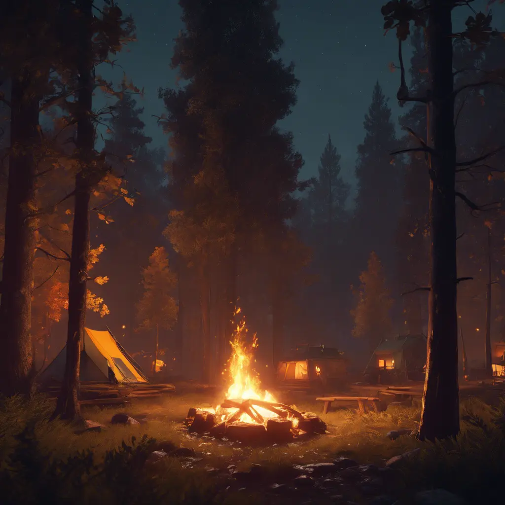 A highly detailed matte painting of a camp fire in the forest at night in the style of Firewatch, 4k resolution, Masterpiece, Trending on Artstation, Cyberpunk, Octane Render, Volumetric Lighting by Greg Rutkowski