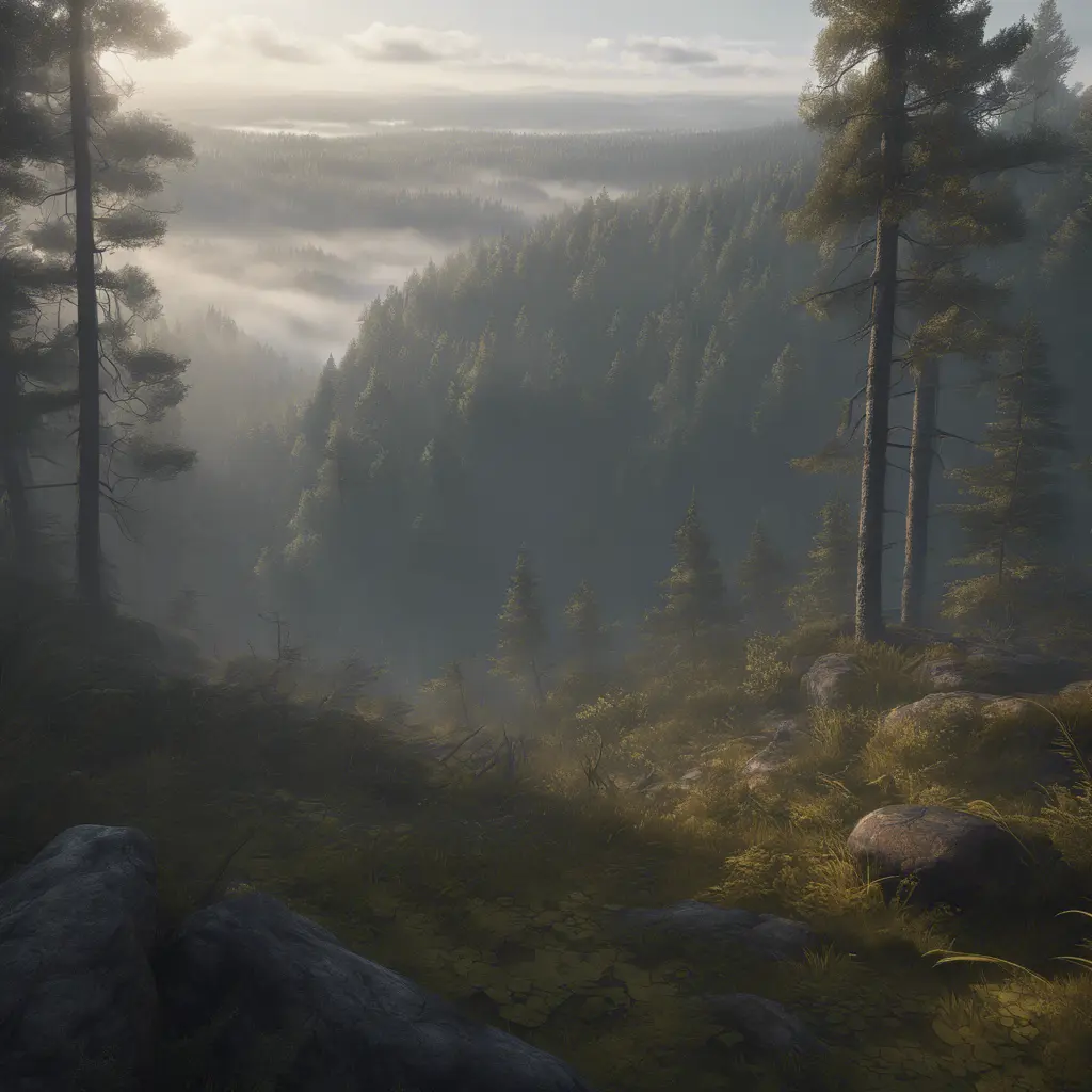 Beautiful misty swedish forest from the view of a mountain, Atmospheric, Highly Detailed, Intricate, Trending on Artstation, Stunning, Realistic, Unreal Engine, Dynamic Lighting, Radiant, Fantasy by Greg Rutkowski