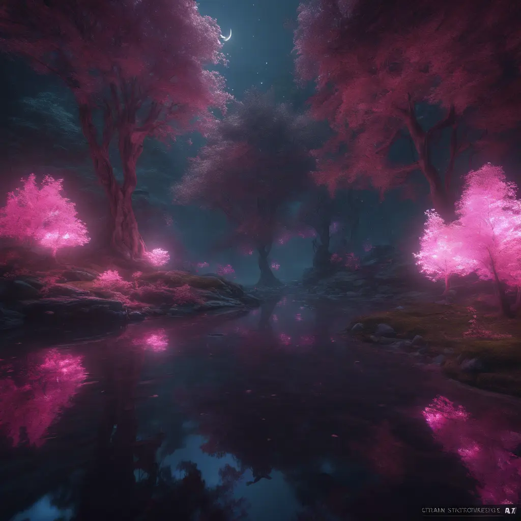 A magical pond in a fantasy forest with glowing pink trees at night, 4k, HQ, Intricate, Masterpiece, Artstation, Cinematic Lighting, Photo Realistic, Sharp Focus, Unreal Engine, Dark by Stefan Kostic