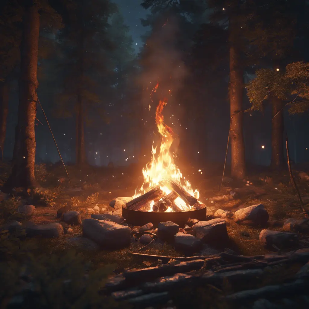 A highly detailed matte painting of a camp fire in the forest at night, 4k resolution, Masterpiece, Trending on Artstation, Cyberpunk, Octane Render, Volumetric Lighting by Studio Ghibli