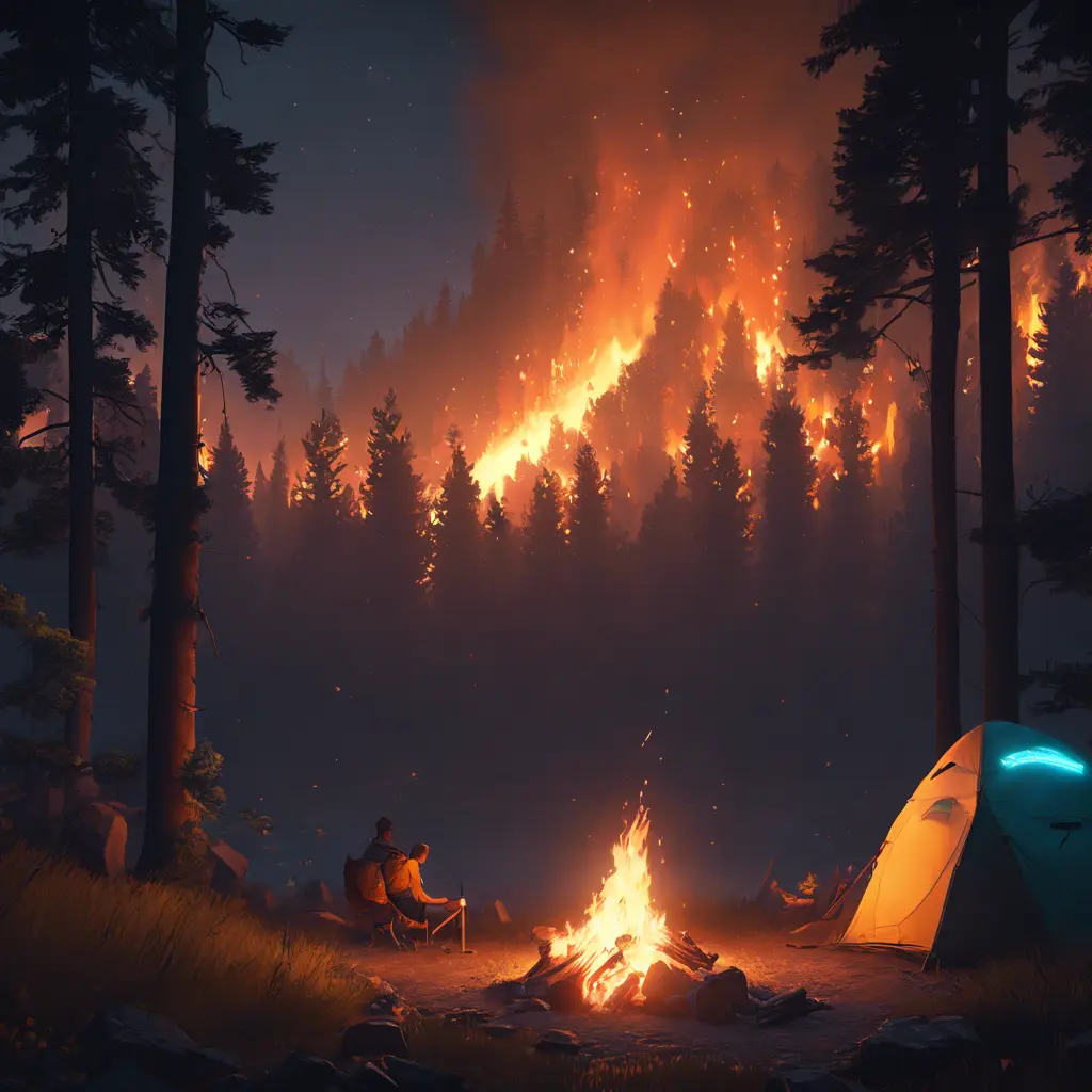 A highly detailed matte painting of a camp fire in the forest at night in the style of Firewatch, 4k resolution, Masterpiece, Trending on Artstation, Cyberpunk, Octane Render, Volumetric Lighting by Stanley Artgerm Lau