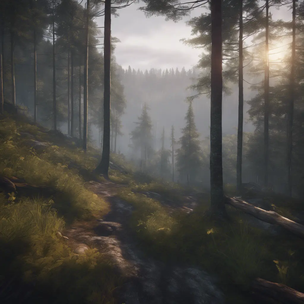 Beautiful misty swedish forest from the view of a mountain, Atmospheric, Highly Detailed, Intricate, Trending on Artstation, Stunning, Realistic, Unreal Engine, Dynamic Lighting, Radiant, Fantasy