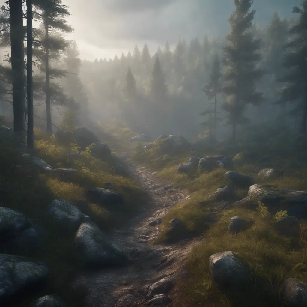 Beautiful misty swedish forest from the view of a mountain, Atmospheric, Highly Detailed, Intricate, Trending on Artstation, Stunning, Realistic, Unreal Engine, Dynamic Lighting, Radiant, Fantasy