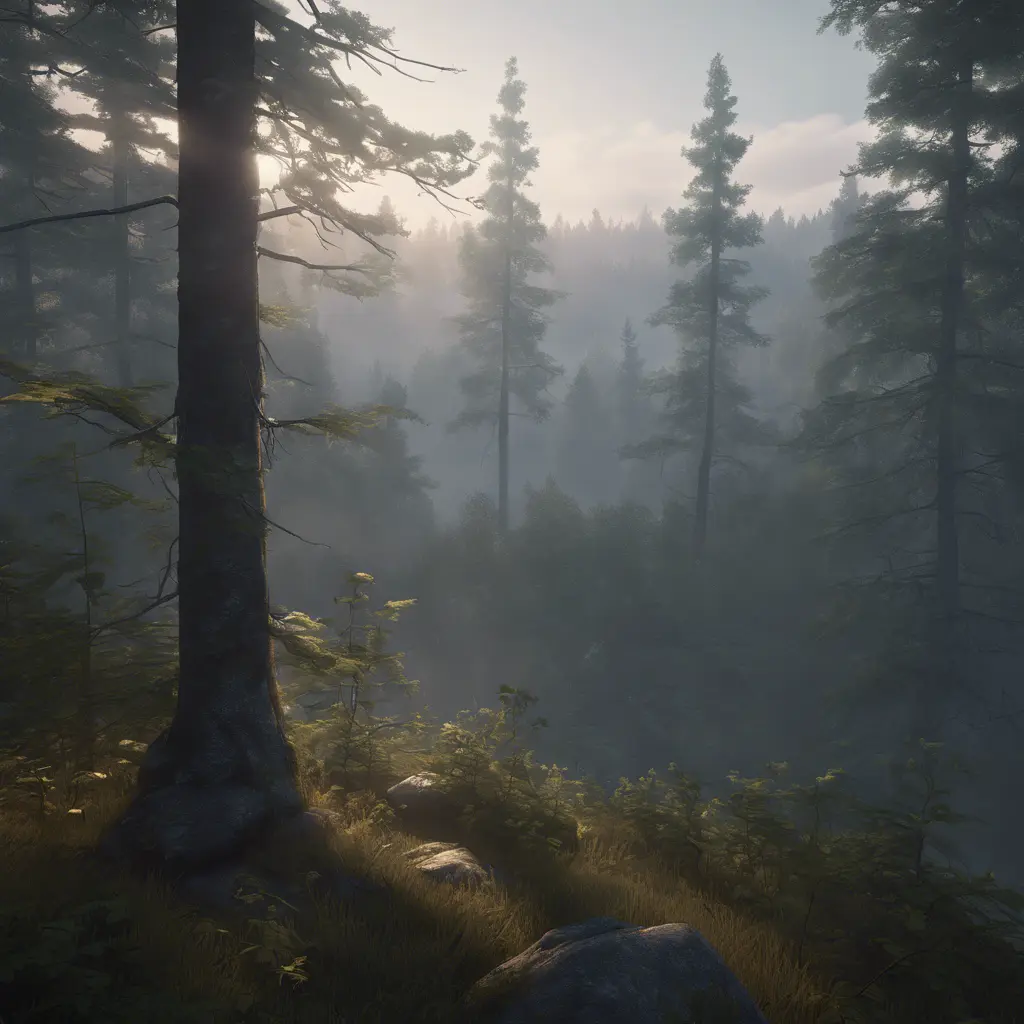 Beautiful misty swedish forest from the view of a mountain, Atmospheric, Highly Detailed, Intricate, Trending on Artstation, Stunning, Realistic, Unreal Engine, Dynamic Lighting, Radiant, Fantasy by Greg Rutkowski