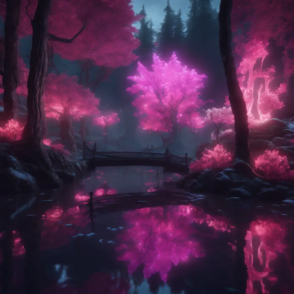 A magical pond in a fantasy forest with glowing pink trees at night, 4k, HQ, Intricate, Masterpiece, Artstation, Cinematic Lighting, Photo Realistic, Sharp Focus, Unreal Engine, Dark by Stefan Kostic