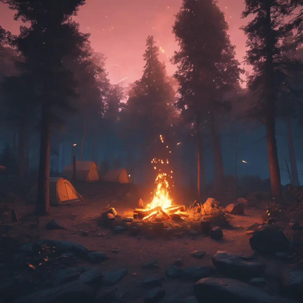 A highly detailed matte painting of a camp fire in the forest at night in the style of Firewatch, 4k resolution, Masterpiece, Trending on Artstation, Cyberpunk, Octane Render, Volumetric Lighting by Greg Rutkowski