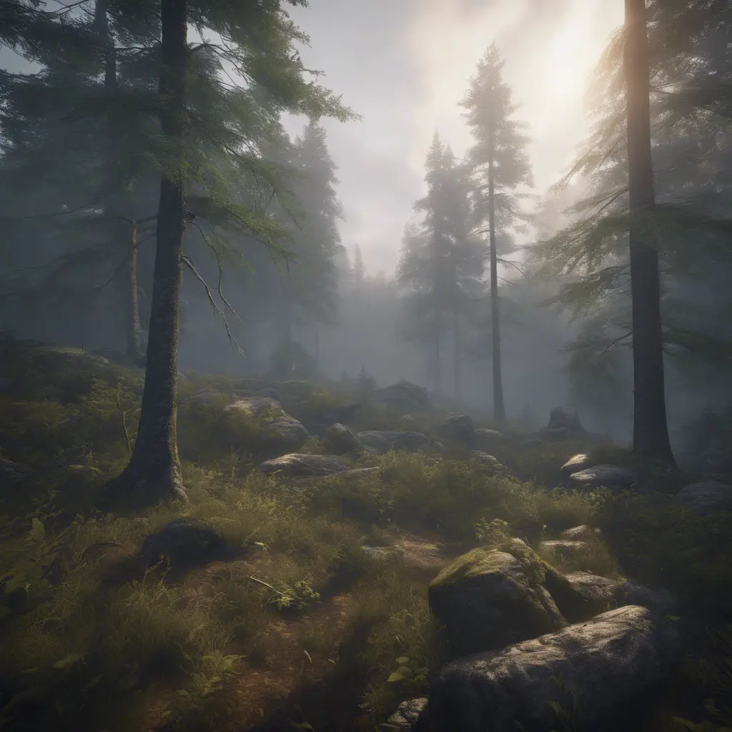 Beautiful misty swedish forest from the view of a mountain, Atmospheric, Highly Detailed, Intricate, Trending on Artstation, Stunning, Realistic, Unreal Engine, Dynamic Lighting, Radiant, Fantasy