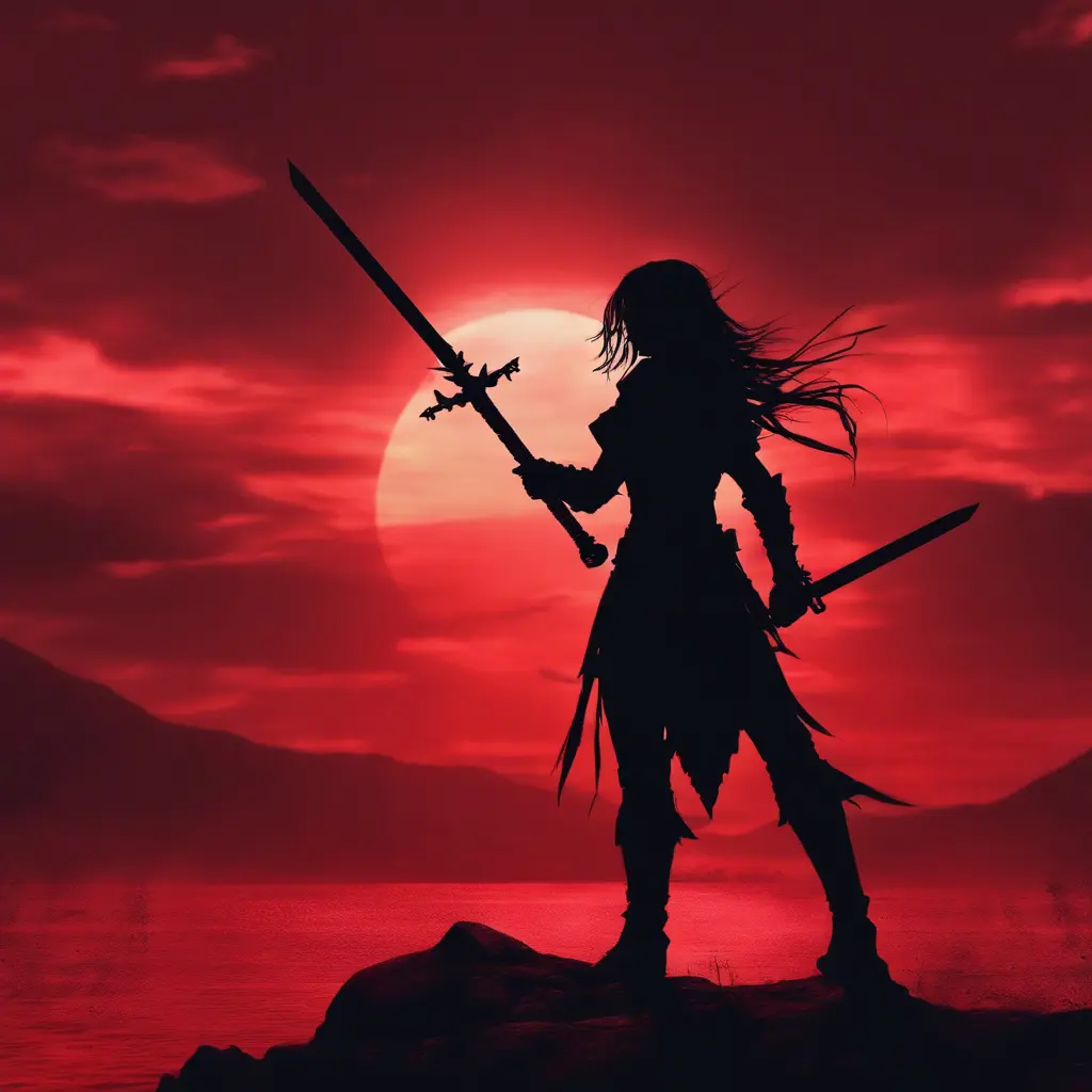 Silhouette of a warrior with her swords drawn in front of a red sunset, Ambient Lighting, Fantasy, Dark