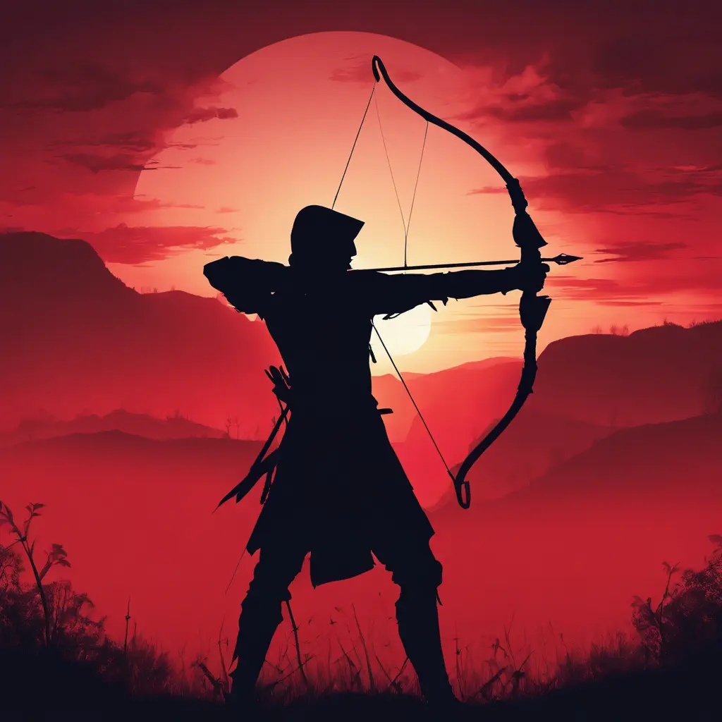 Silhouette of an archer assassin in front of a red sunset, Ambient Lighting, Fantasy, Dark