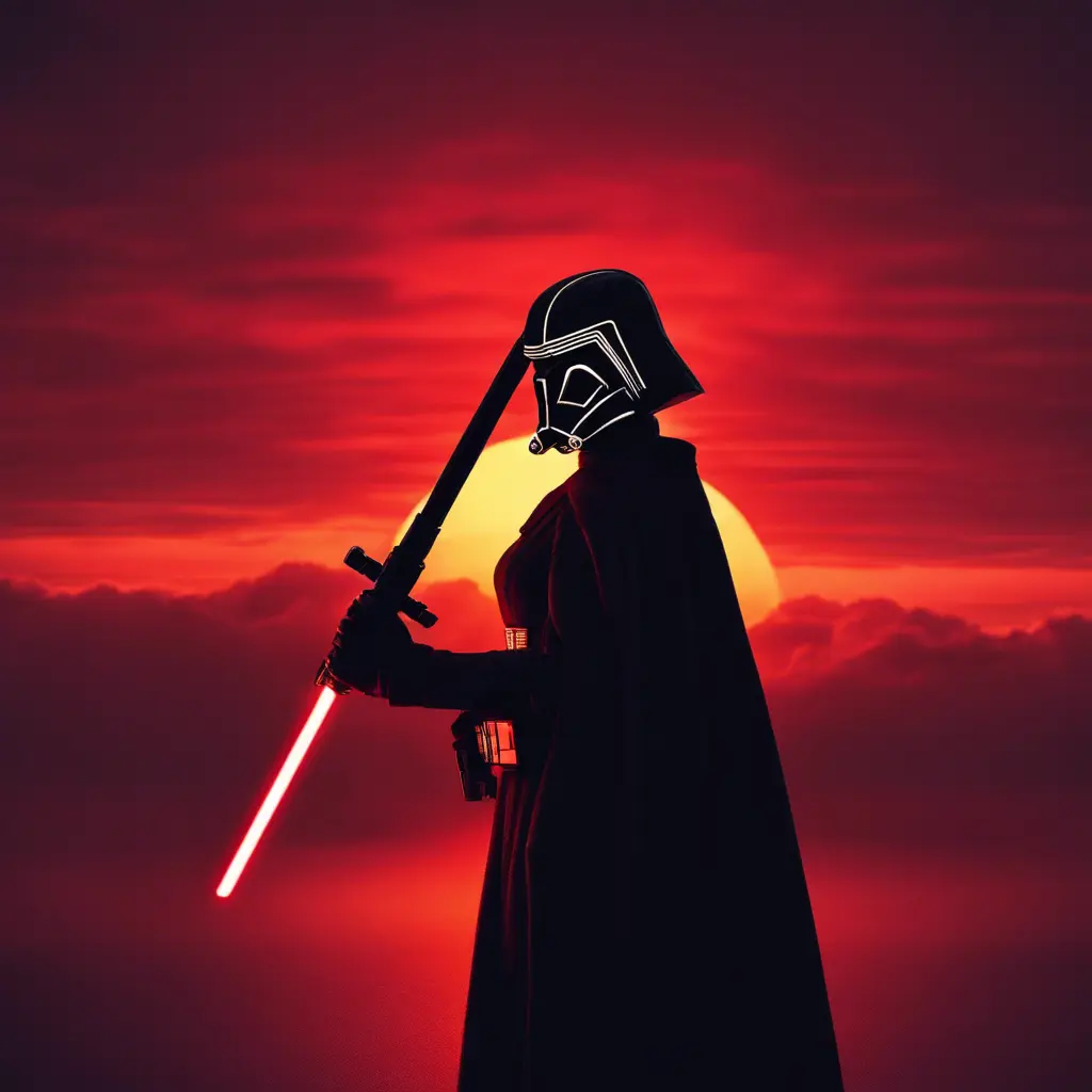 Portrait of a silhouette star wars fighter with her red lightsaber in front of a red sunset, Ambient Lighting, Fantasy, Dark