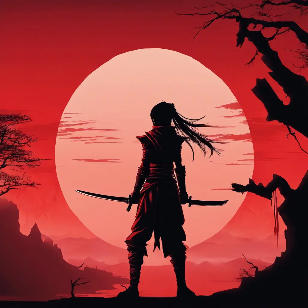 Silhouette of a ninja assassin with her drawn daggers in front of a red sunset, Ambient Lighting, Fantasy, Dark