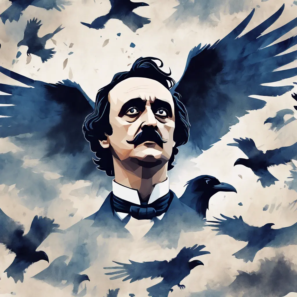 An illustration of a print of a Edgar Allan Poe, flying ravens, vintage t-shirt design, light white and dark blue pastel tetradic colors, 4k, 4k resolution, Digital Painting, Bokeh effect, Cinematic Lighting, Sharp Focus, Low poly, Watercolor, Soft Lighting by Studio Ghibli