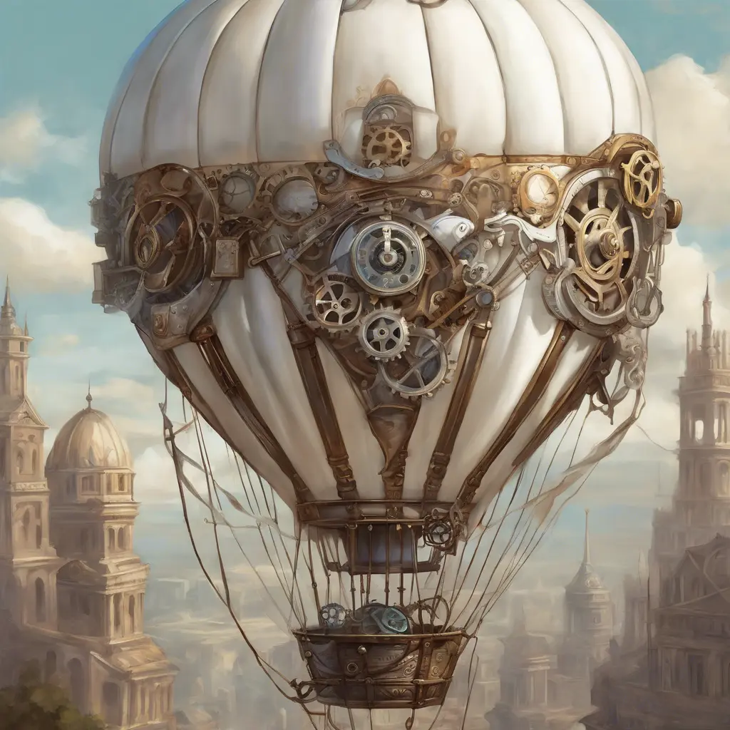 White steampunk hot air balloon with gears, Victorian style Ancient buildings, archeological ruins of lost civilizations and technology, Steampunk, Iridescence by Stanley Artgerm Lau