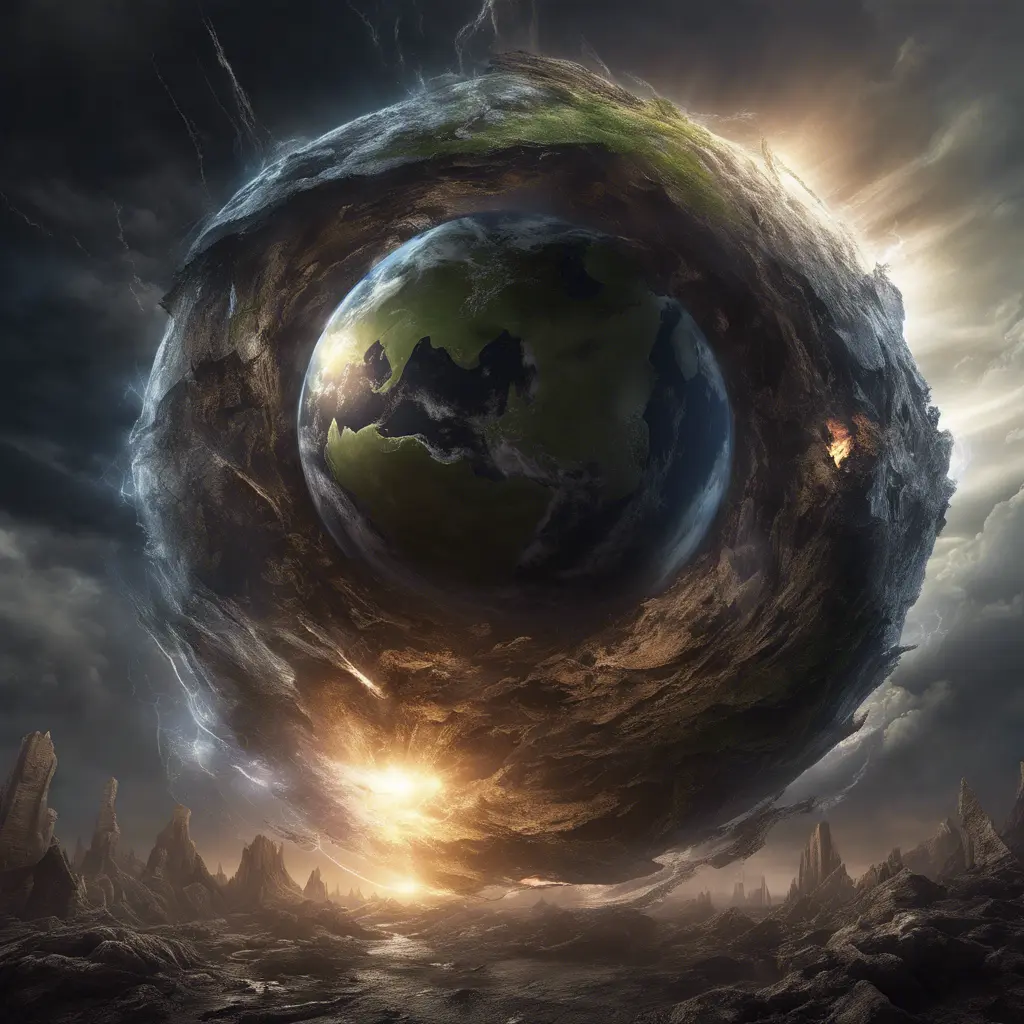 Earth going through cycles of creation and destruction, Award-Winning, Volumetric Lighting, Fantasy, Dark by Greg Rutkowski