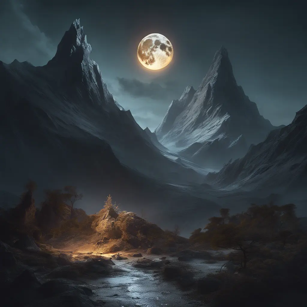 Mountain surreal moon, Award-Winning, Volumetric Lighting, Fantasy, Dark by Stanley Artgerm Lau