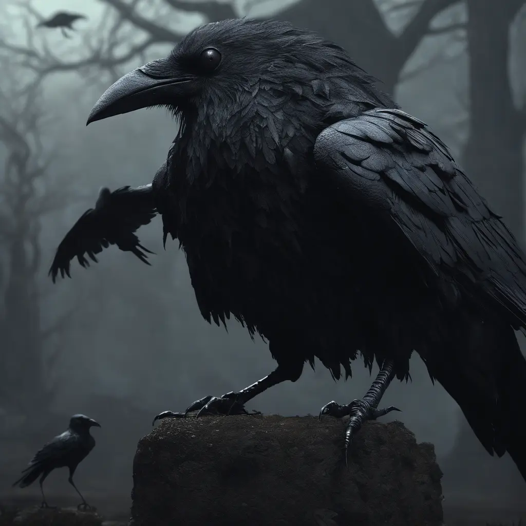 A macabre shadow creature, holding a black crow, 4k, Award-Winning, Hyper Detailed, Stunning, Fantasy, Dark