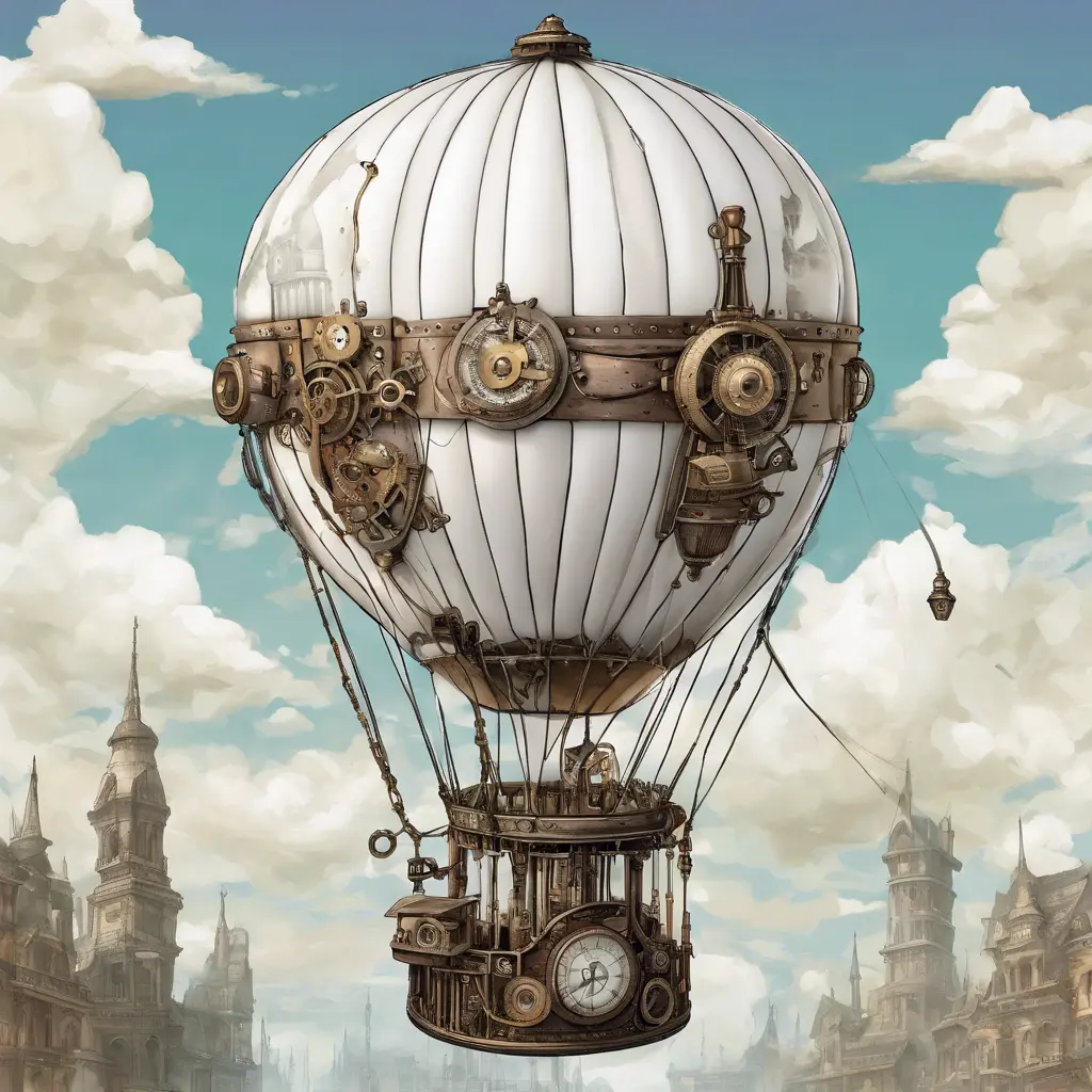 White steampunk hot air balloon with gears, Victorian style Ancient buildings, archeological ruins of lost civilizations and technology, Steampunk, Iridescence by Studio Ghibli