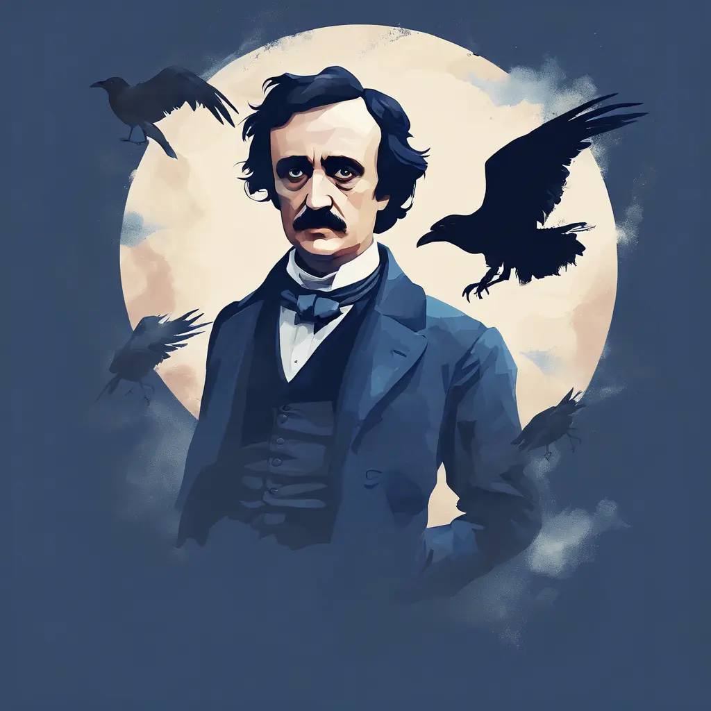 An illustration of a print of a Edgar Allan Poe, flying ravens, vintage t-shirt design, light white and dark blue pastel tetradic colors, 4k, 4k resolution, Digital Painting, Bokeh effect, Cinematic Lighting, Sharp Focus, Low poly, Watercolor, Soft Lighting by Studio Ghibli