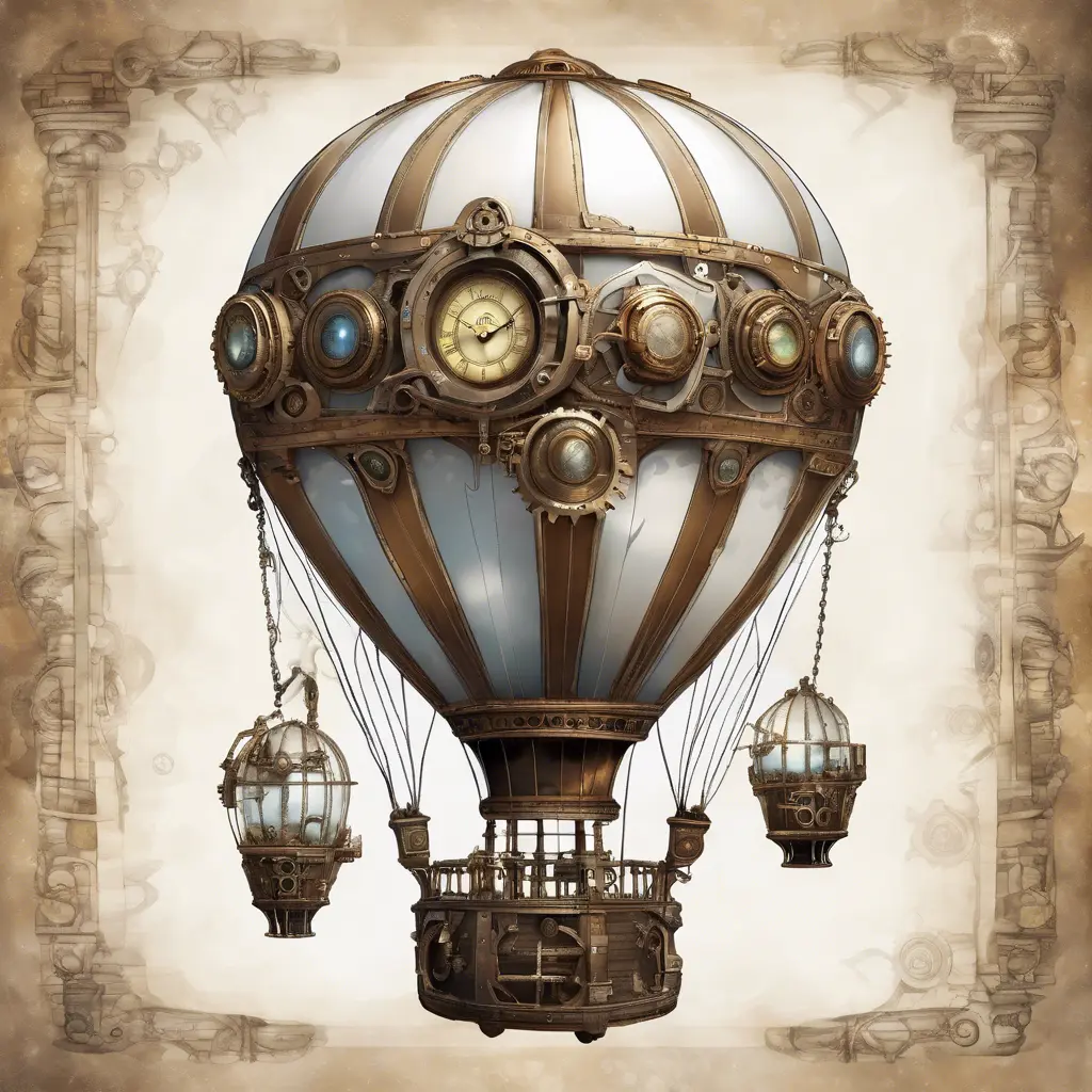 White steampunk hot air balloon with gears, Victorian style Ancient buildings, archeological ruins of lost civilizations and technology, Steampunk, Iridescence by Studio Ghibli