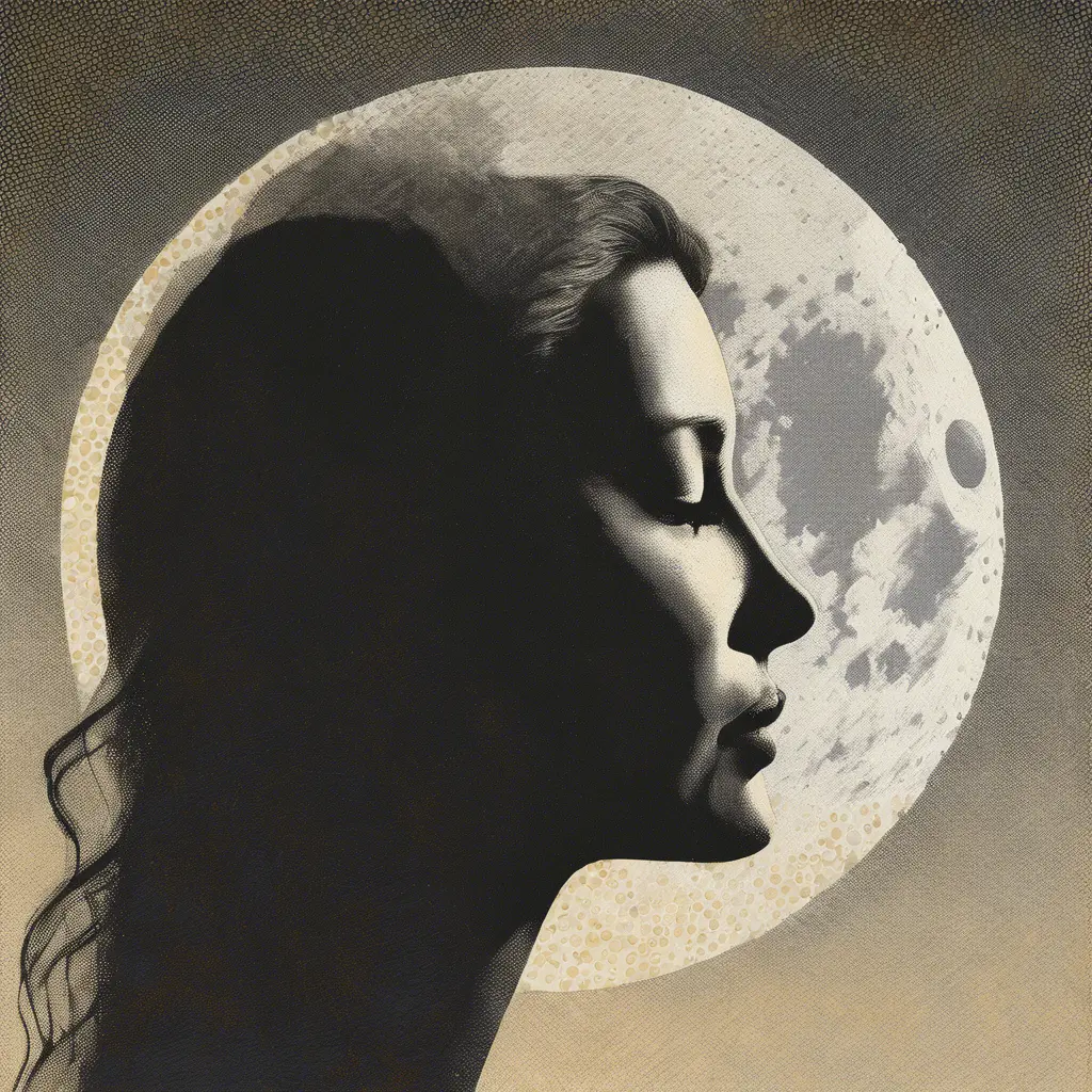 Moon profile, Halftone pattern, higly textured, genre defining mixed media collage painting, halftone pattern illustration, subtle shadows, Award-Winning, Minimalism by Greg Rutkowski