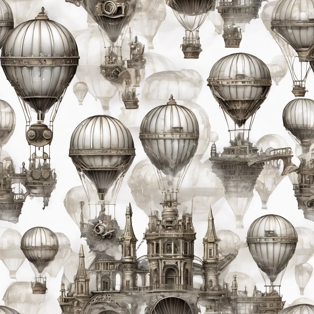 White steampunk hot air balloons with gears, Victorian style Ancient buildings, archeological ruins of lost civilizations and technology, Steampunk, Iridescence