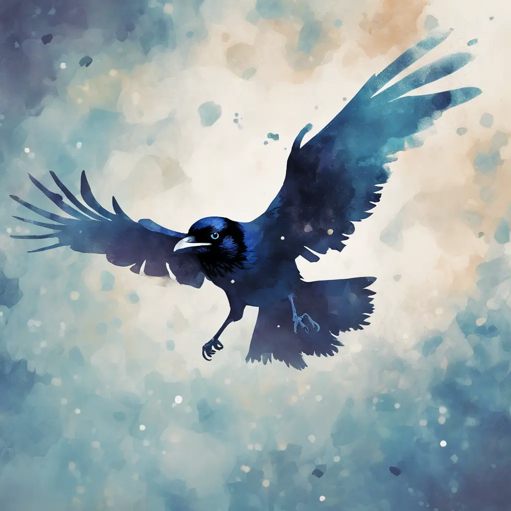 An illustration of a print of a Edgar Allan Poe, flying ravens, vintage t-shirt design, light white and dark blue pastel tetradic colors, 4k, 4k resolution, Digital Painting, Bokeh effect, Cinematic Lighting, Sharp Focus, Low poly, Watercolor, Soft Lighting by Studio Ghibli