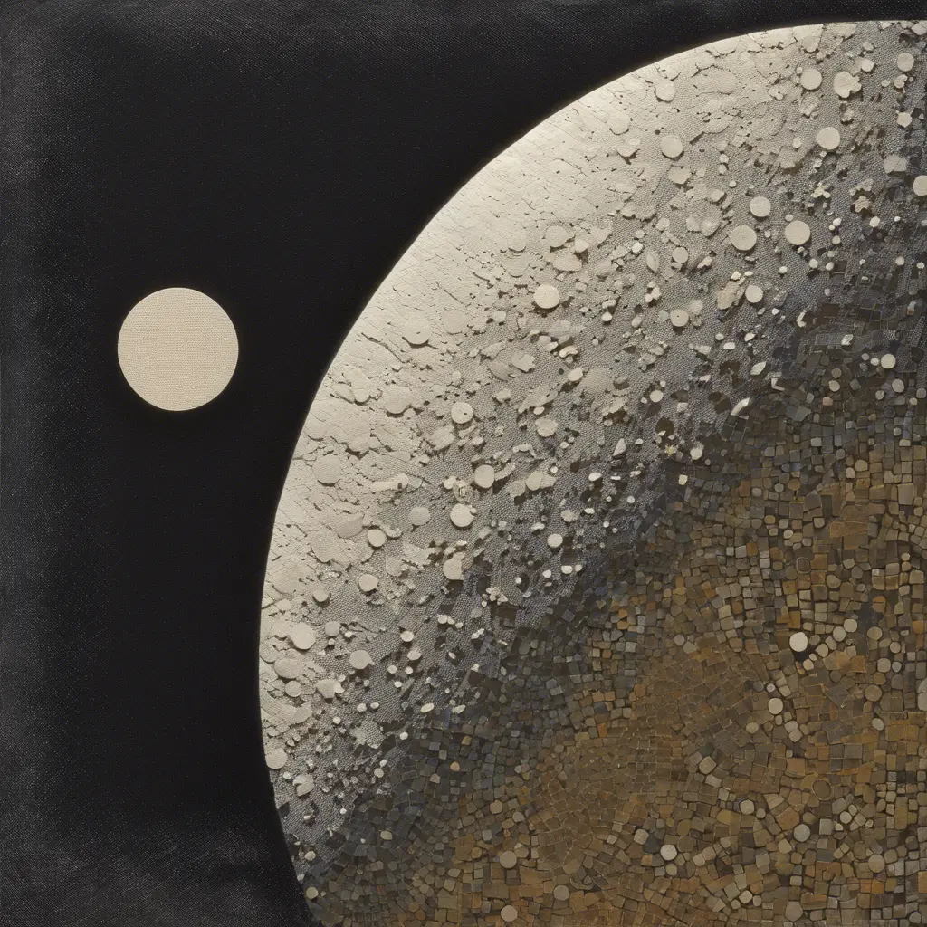 Moon profile, Halftone pattern, higly textured, genre defining mixed media collage painting, subtle shadows, Award-Winning by Greg Rutkowski