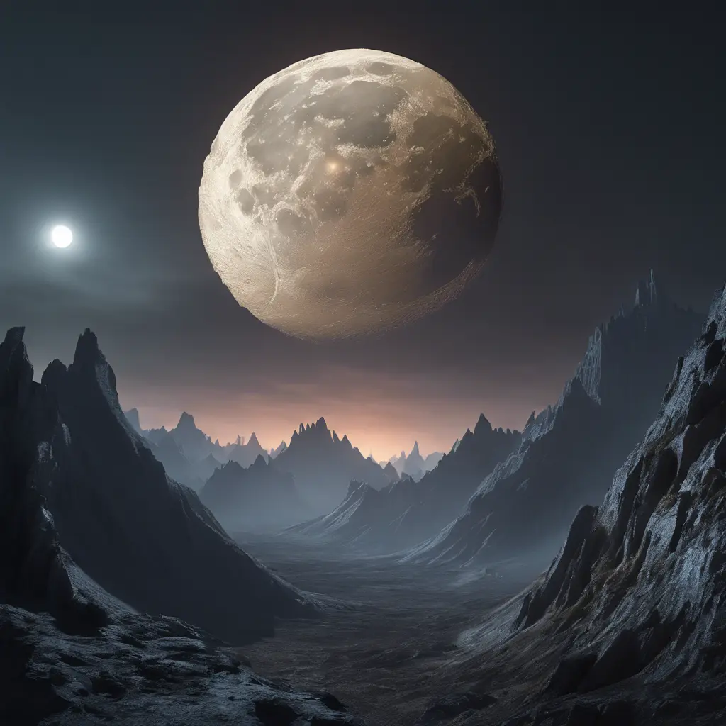 Mountain surreal moon, Award-Winning, Volumetric Lighting, Fantasy, Dark by Greg Rutkowski