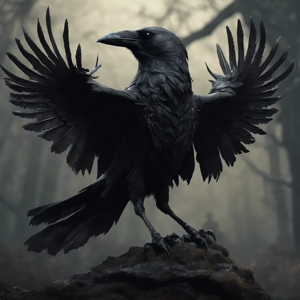 A macabre shadow creature, holding a black crow, 4k, Award-Winning, Hyper Detailed, Stunning, Fantasy, Dark