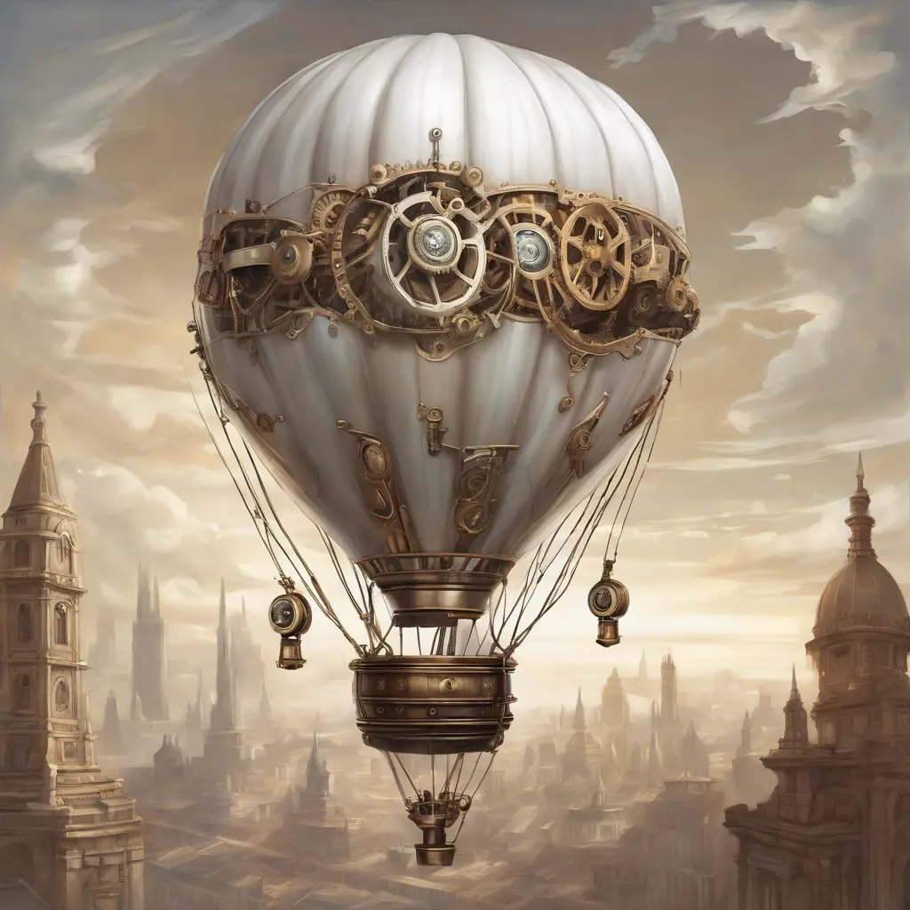 White steampunk hot air balloon with gears, Victorian style Ancient buildings, archeological ruins of lost civilizations and technology, Steampunk, Iridescence by Stanley Artgerm Lau